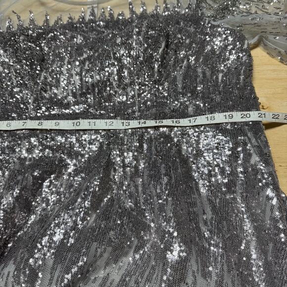 Mac Duggal Silver Jewel Encrusted Illusion Long Sleeve A Line Gown Size 18 *FLAW - Picture 9 of 12